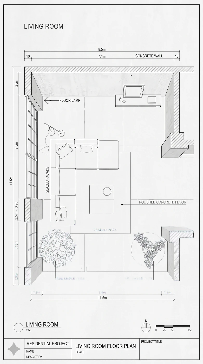 Living room floor plan with tree positions marked