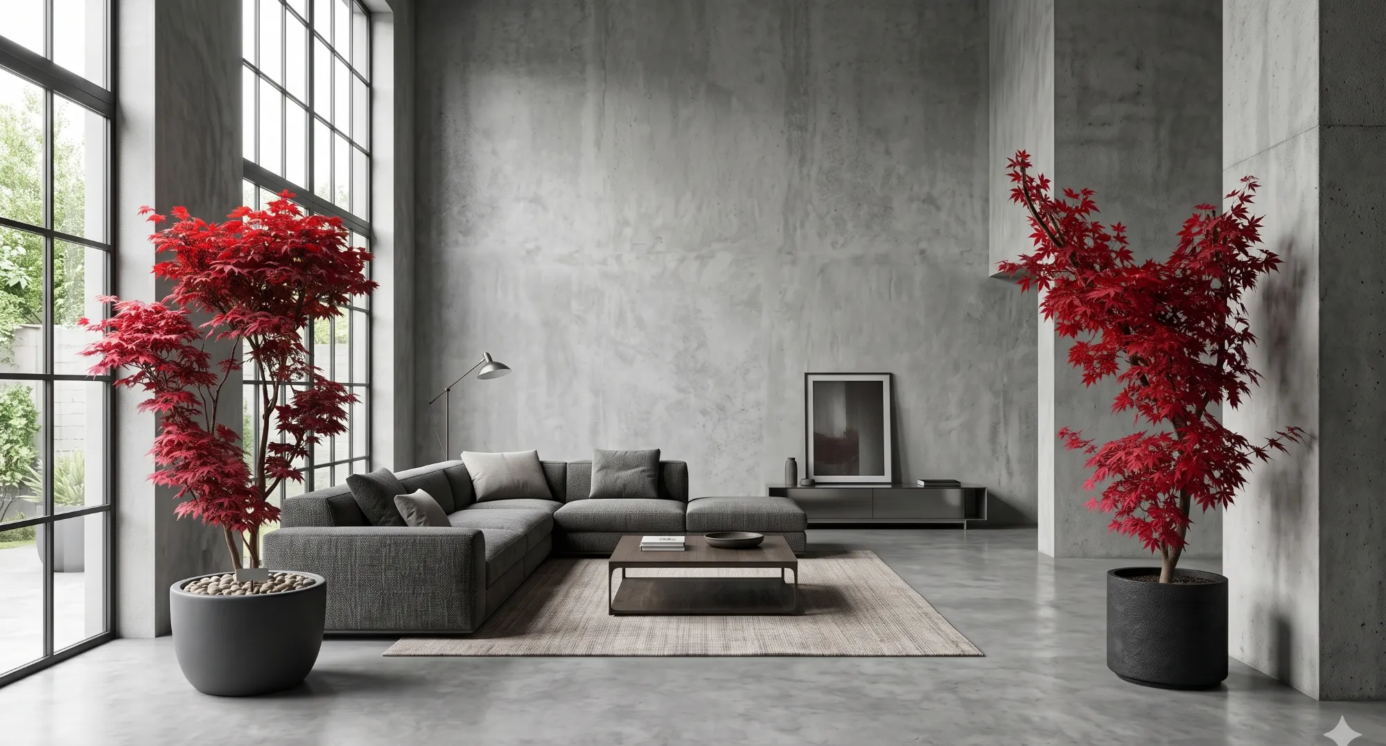 Double-height concrete living room with two crimson Japanese maples