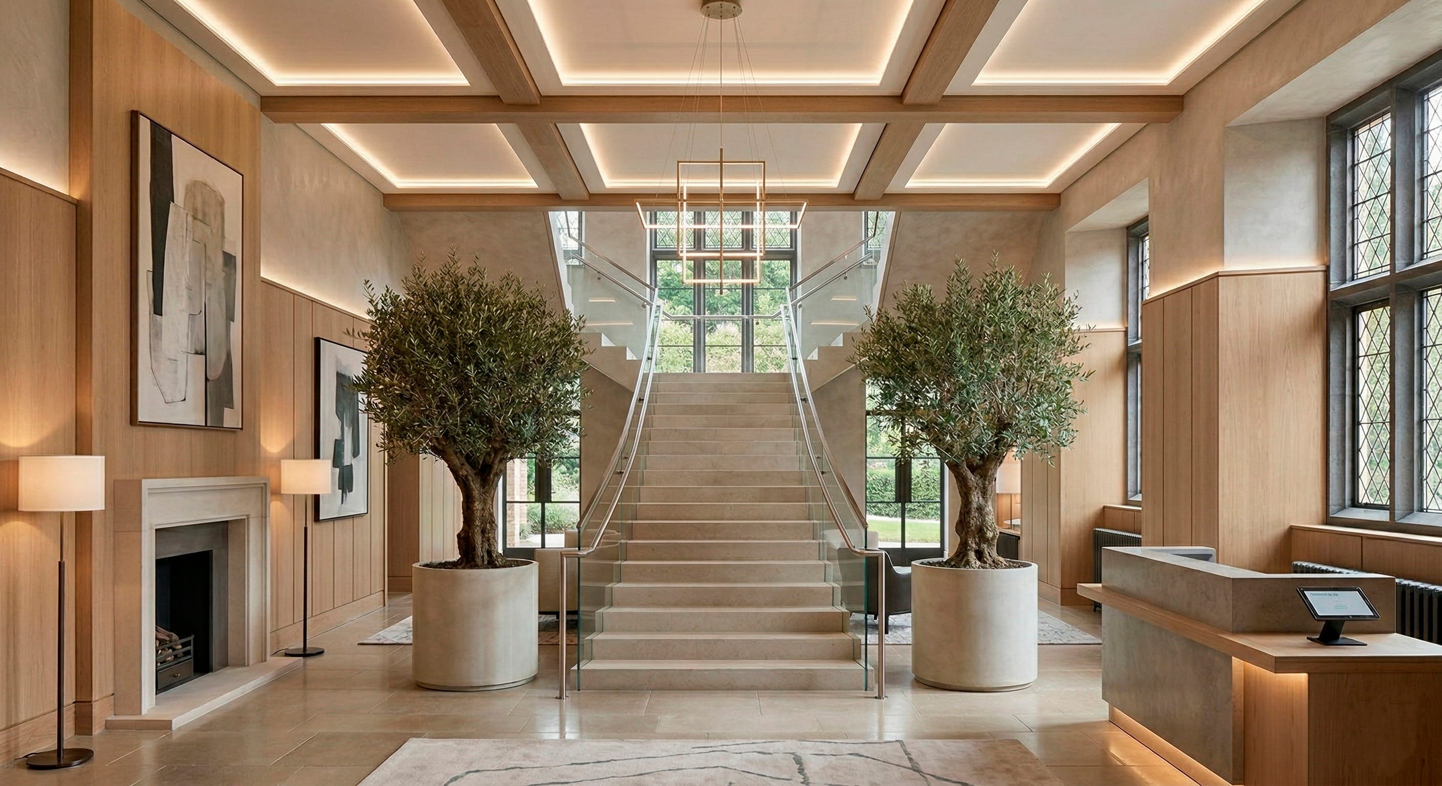 Twin olive trees flanking grand staircase in Cotswolds manor