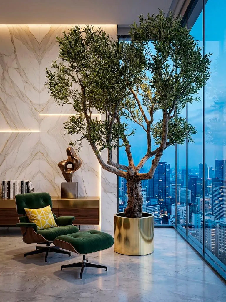 Olive tree in luxury private office with marble walls and city views