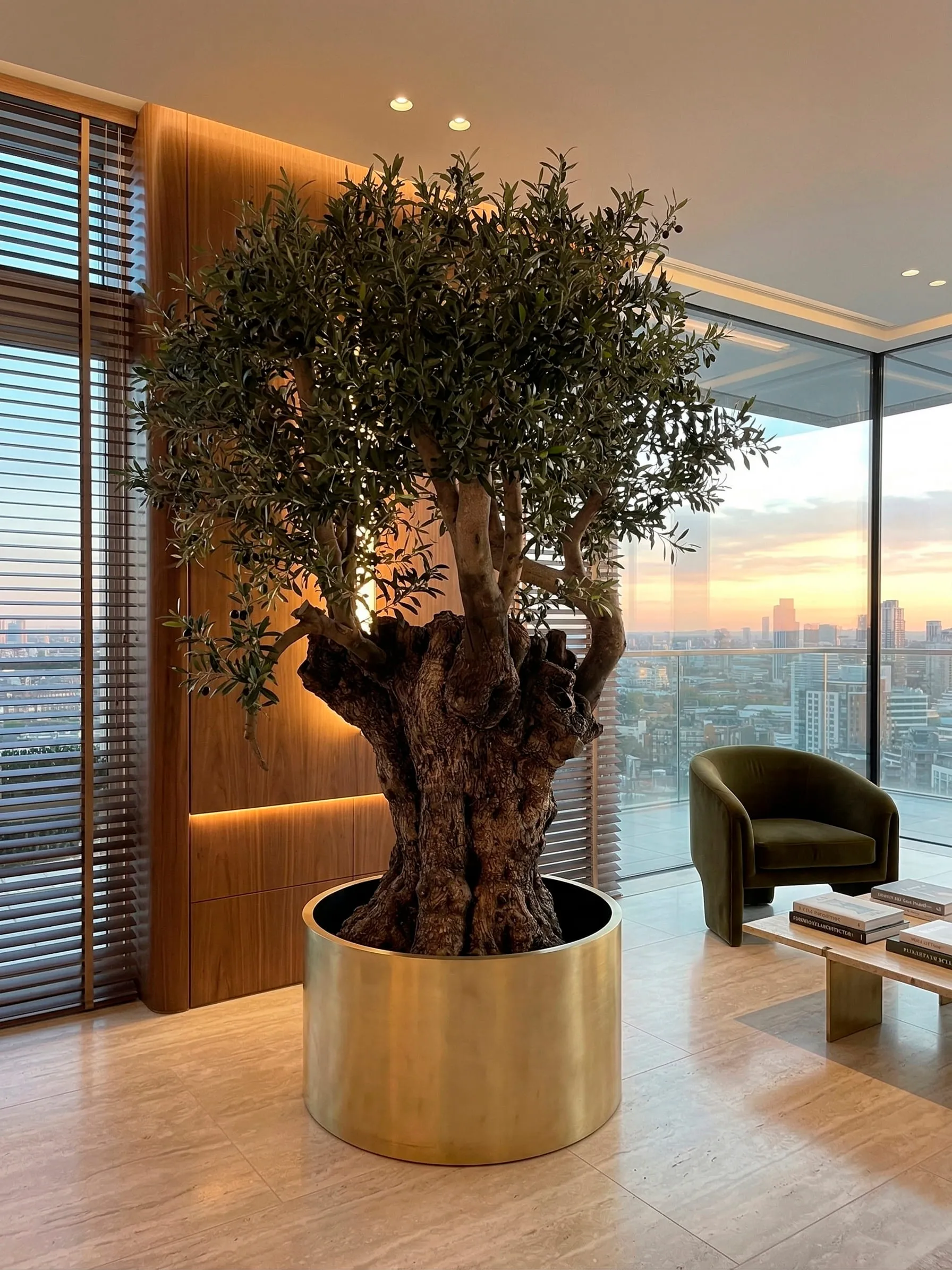 Ancient gnarled olive trunk in London penthouse at sunset