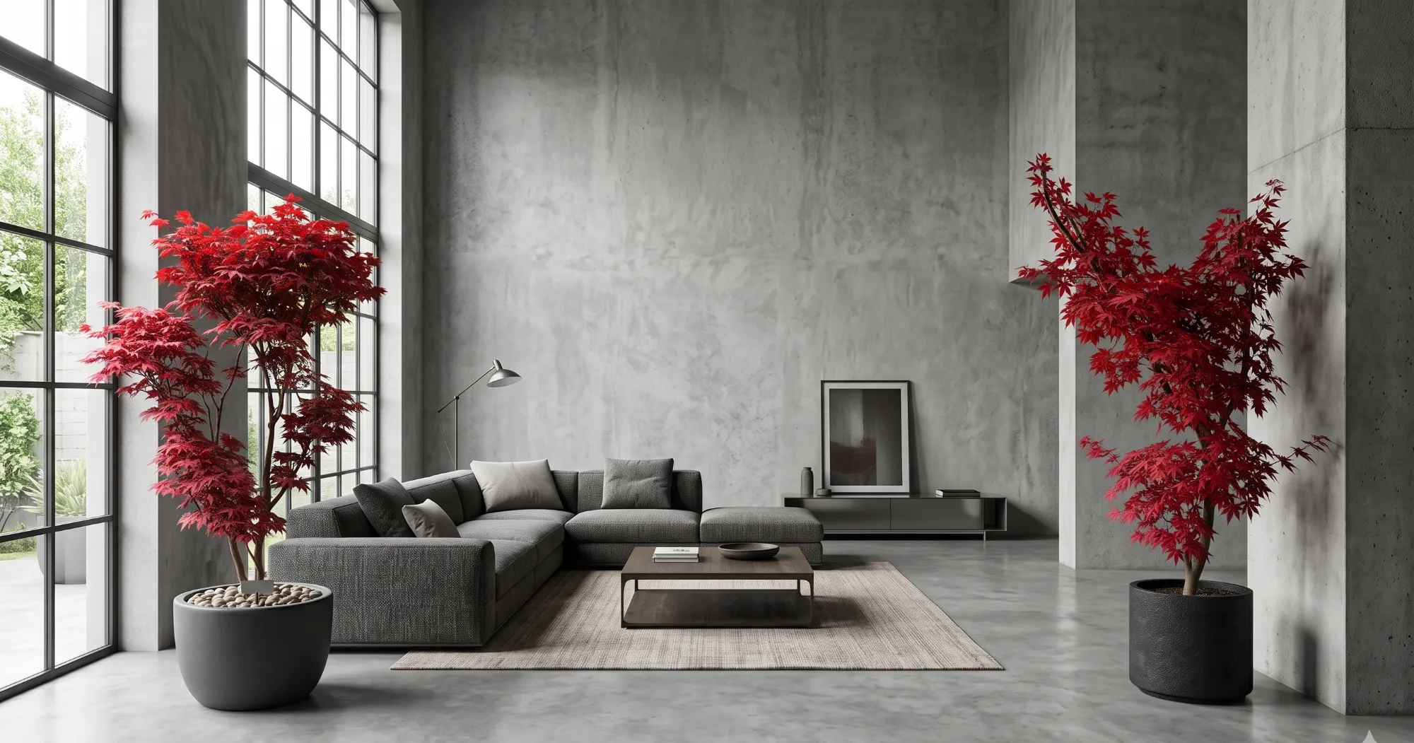 Two crimson Japanese maple trees in a double-height concrete living room