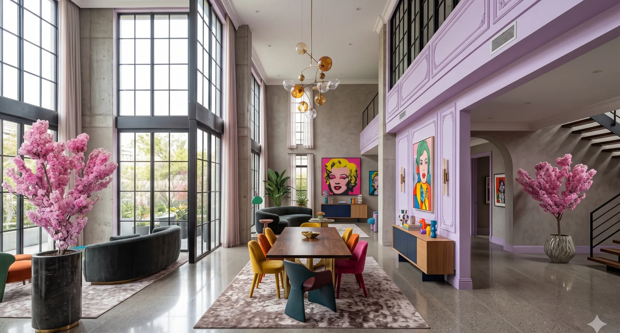 Pink cherry blossom trees in a colourful double-height living and dining space with lilac panelling