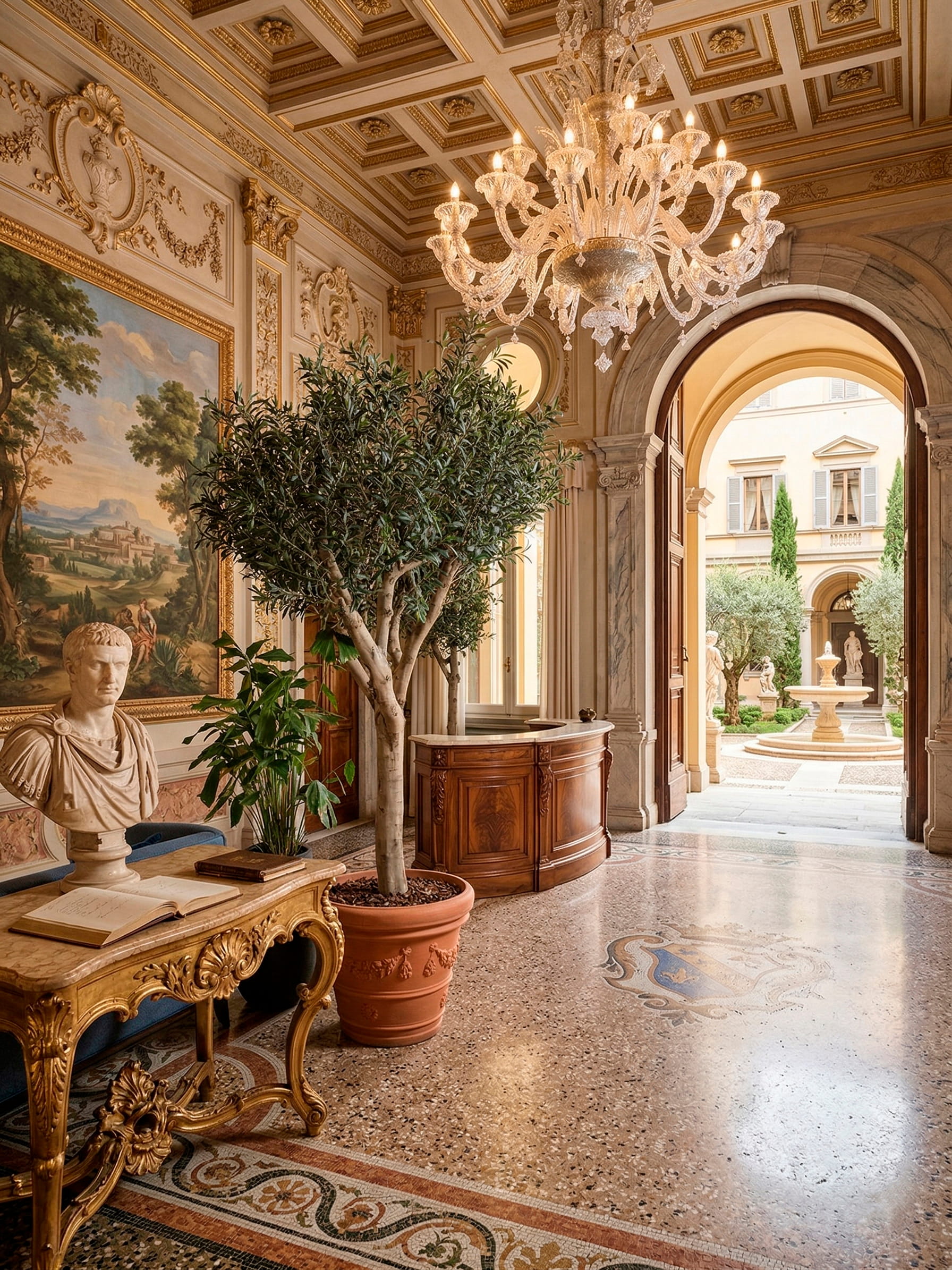 Olive tree in historic Tuscan palazzo with Murano chandelier