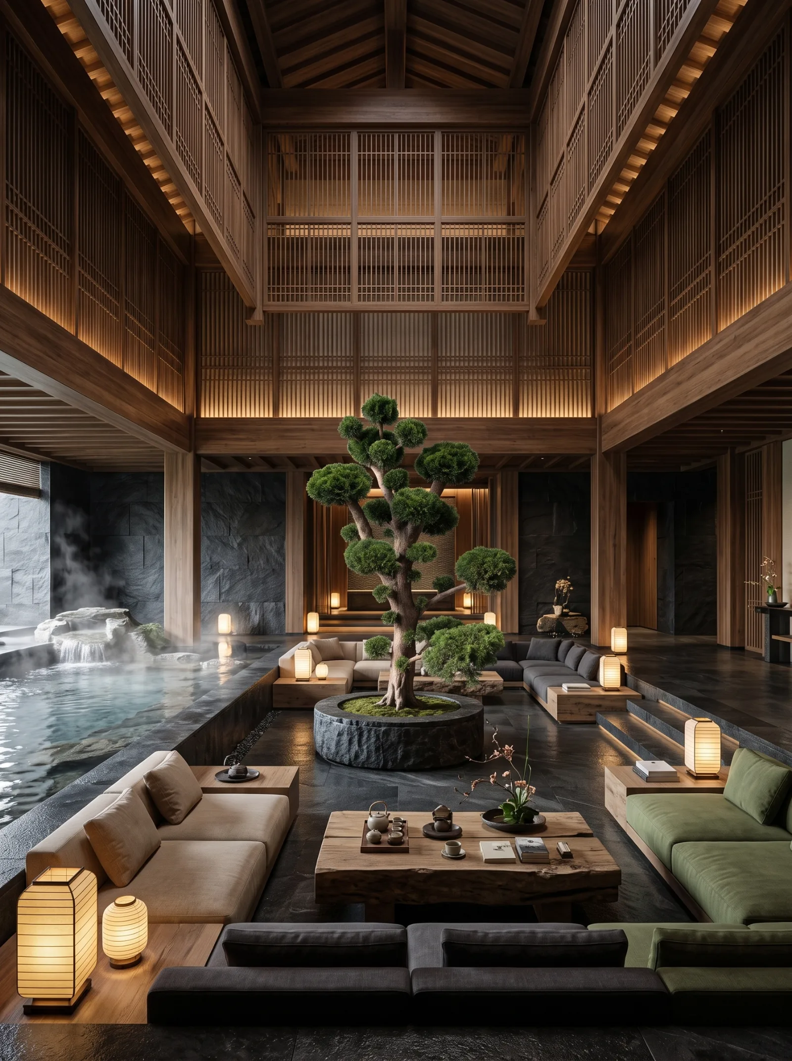 Cloud-pruned tree in a granite planter at the centre of a timber spa lounge in Sweden